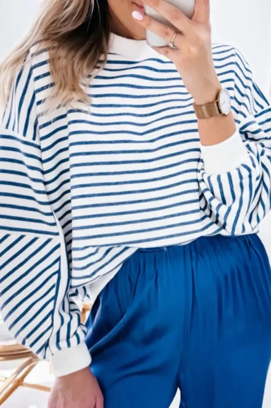 Blue Stripe Drop Shoulder Crew Neck Loose Sweatshirt made by eAura
