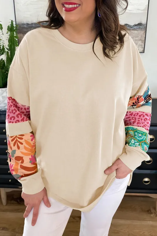 Beige Plus Size Printed Patchwork Sleeve Split Sweatshirt sold by eAura
