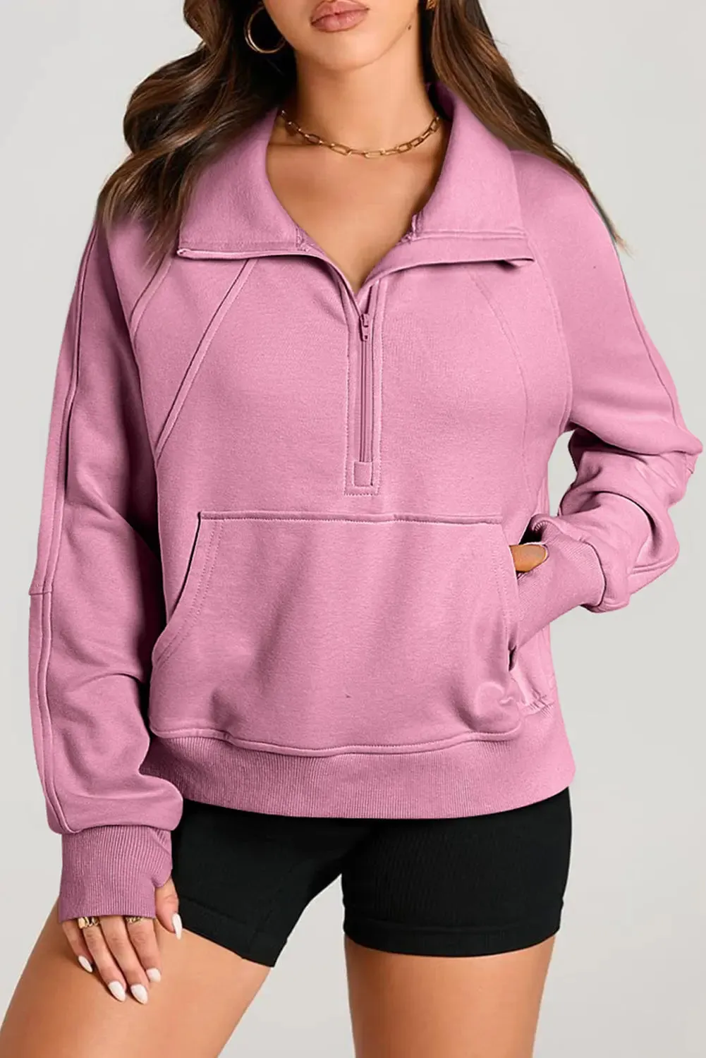 Valerian Quarter Zip Stand Neck Kangaroo Pocket Sweatshirt sold by eAura