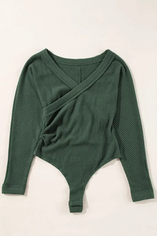 Blackish Green Waffle Knit Slim Fit Wrap V Neck Bodysuit sold by eAura