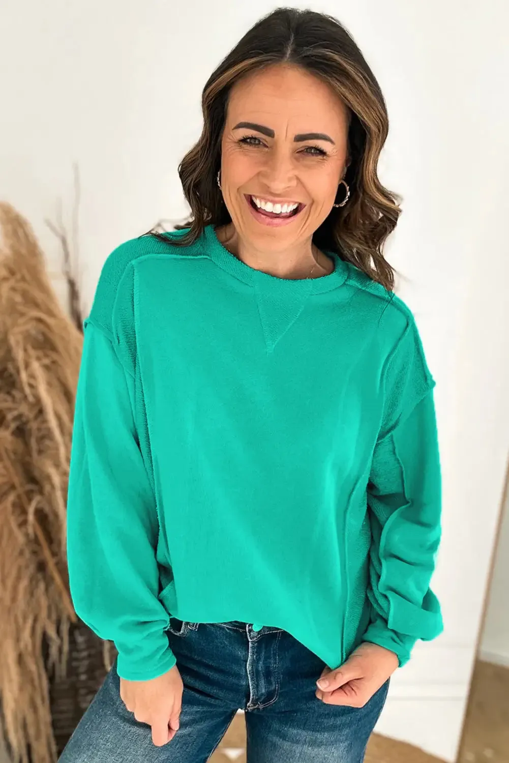 Mint Green Splicing Round Neck Pullover Sweatshirt sold by eAura product image thumbnail 3