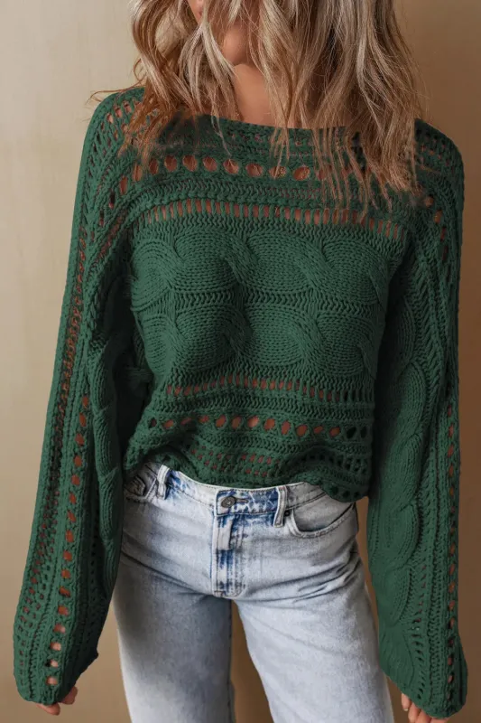Blackish Green Hollow-out Cable Knit Cropped Sweater sold by eAura