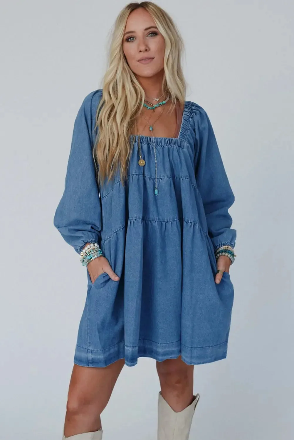 Dusk Blue Square Neck Side Pockets Loose Fit Denim Mini Dress sold by eAura product image thumbnail 4