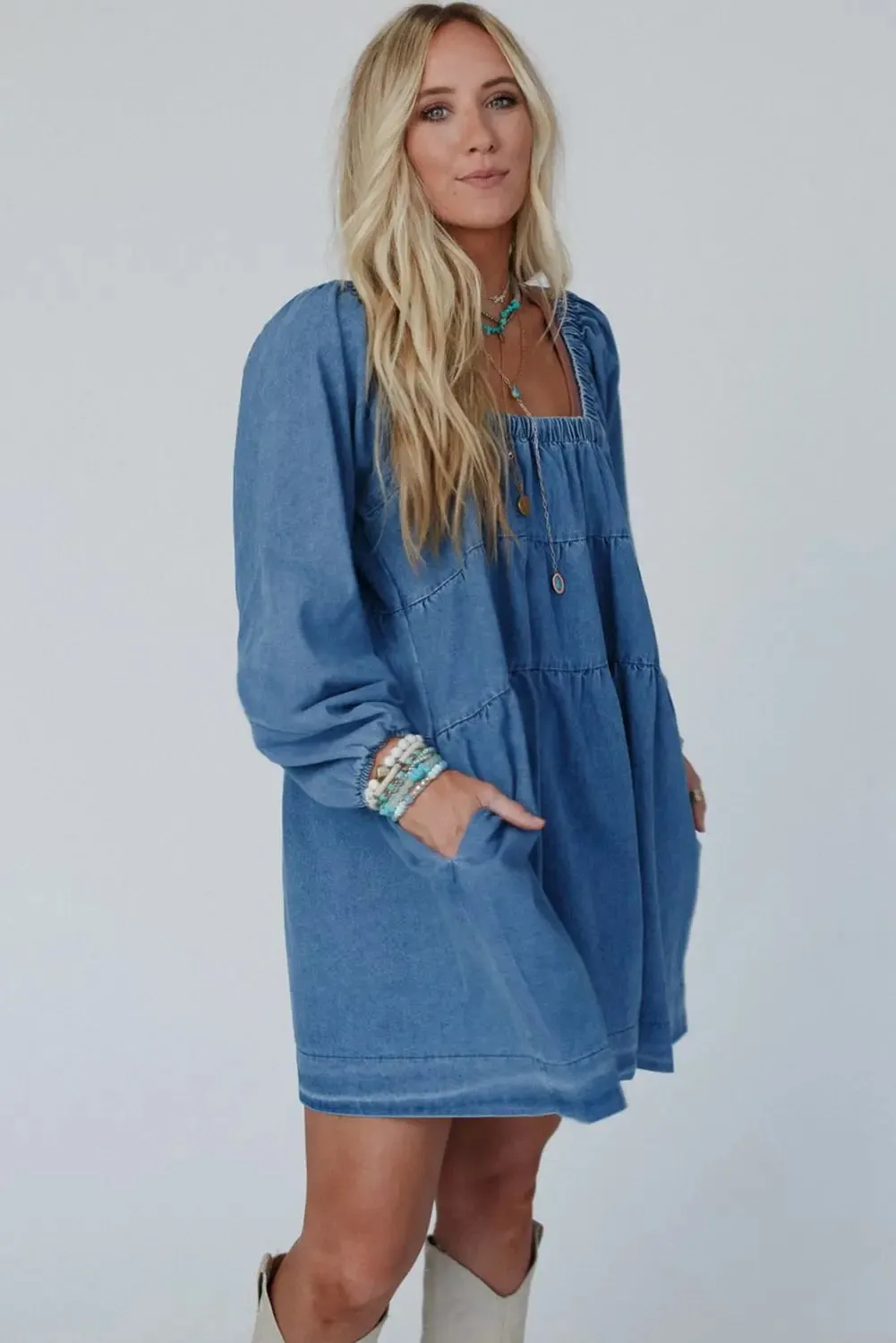 Dusk Blue Square Neck Side Pockets Loose Fit Denim Mini Dress sold by eAura product image thumbnail 3