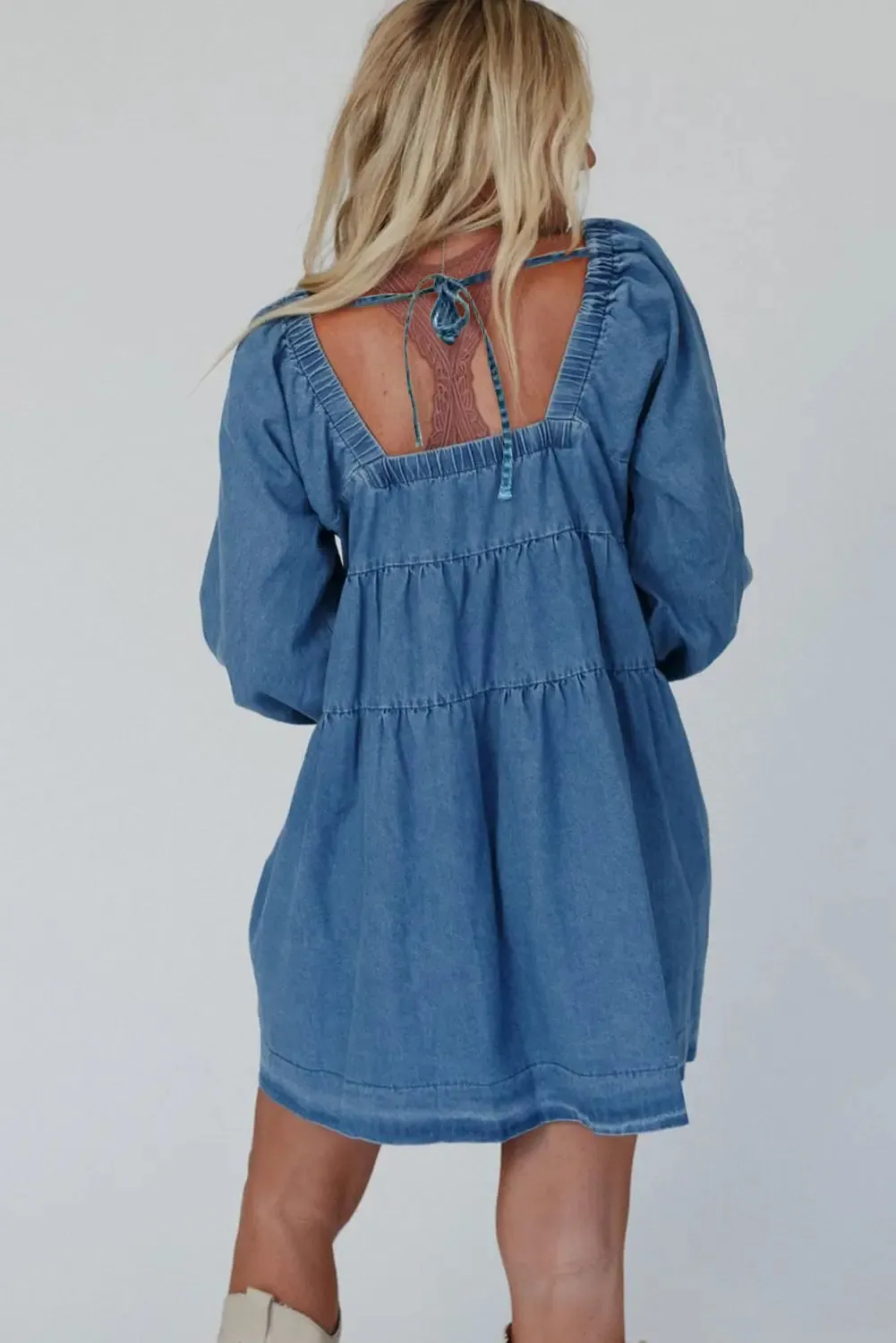 Dusk Blue Square Neck Side Pockets Loose Fit Denim Mini Dress sold by eAura product image thumbnail 2