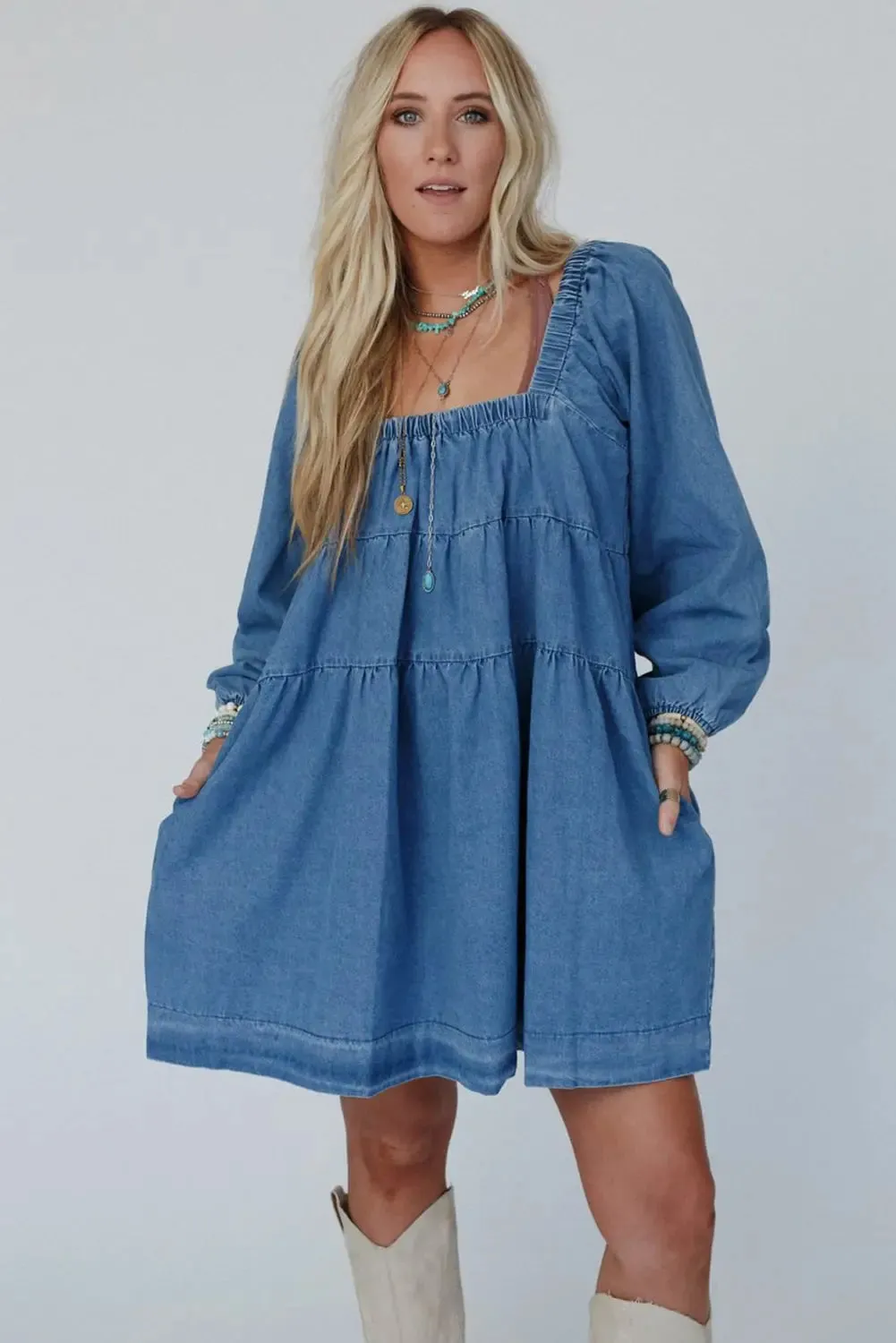 Dusk Blue Square Neck Side Pockets Loose Fit Denim Mini Dress sold by eAura product image thumbnail 5