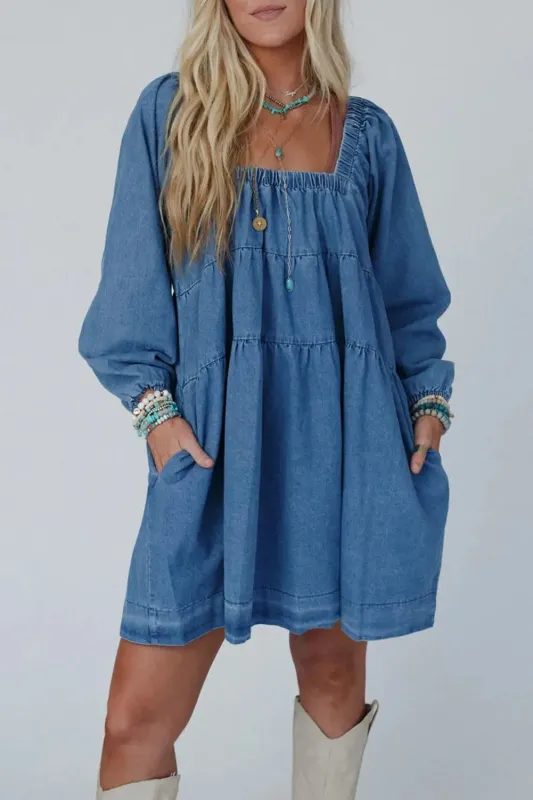 Dusk Blue Square Neck Side Pockets Loose Fit Denim Mini Dress sold by eAura