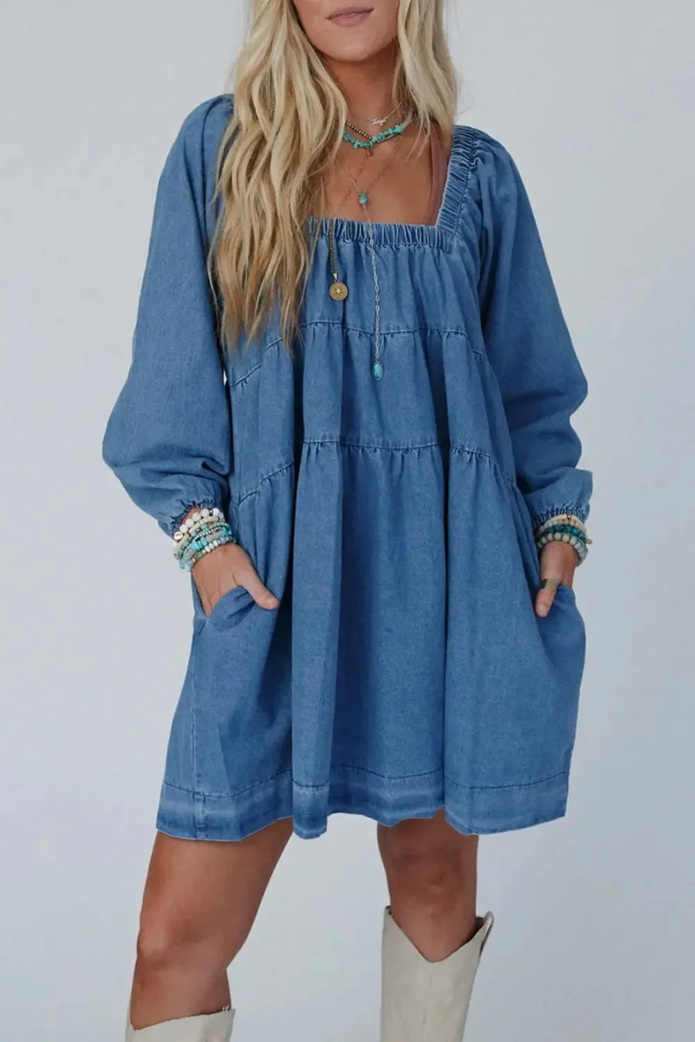 Dusk Blue Square Neck Side Pockets Loose Fit Denim Mini Dress sold by eAura