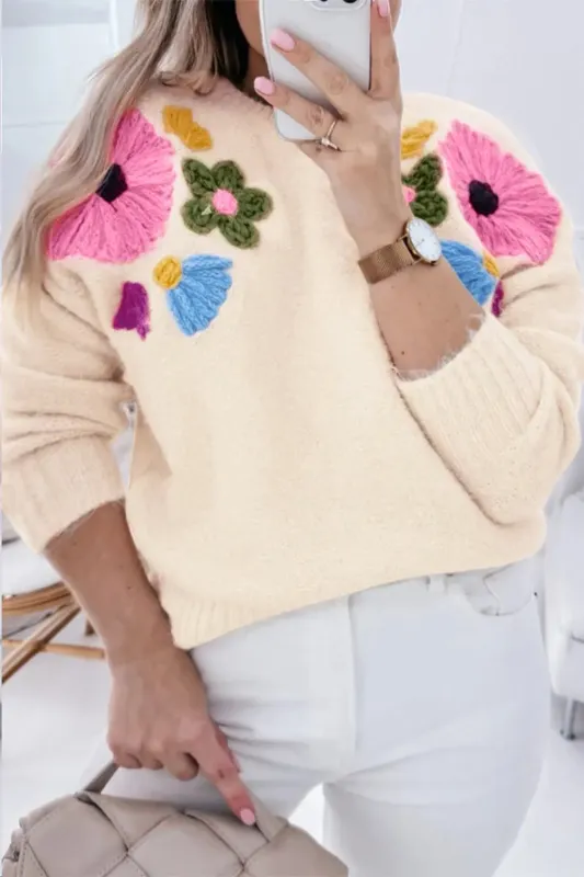 Beige Plus Size Crochet Flower Pullover Sweater sold by eAura