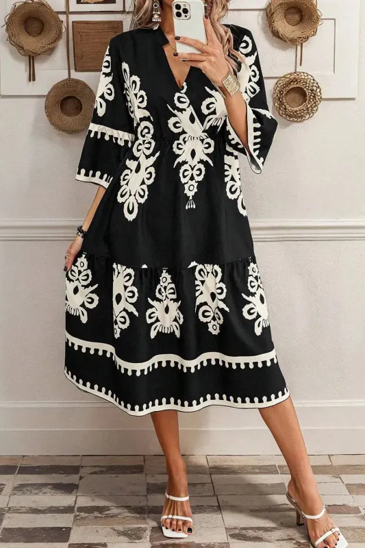 Black Western Geometric Print 3/4 Sleeve Loose Midi Dress sold by eAura