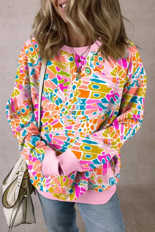 Pink Abstract Printed Drop Shoulder Loose Sweatshirt sold by eAura