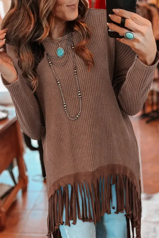 Coffee Waffle Knit Fringed High Low Loose Top sold by eAura