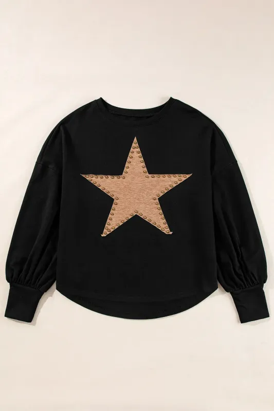 Black Studded Star Graphic Oversized Long Sleeve Top sold by eAura