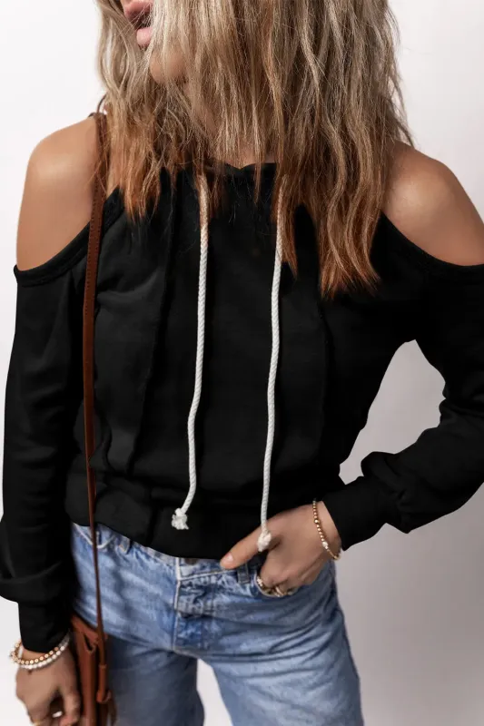 Black Exposed Seam Cold Shoulder Drawstring Hoodie sold by eAura