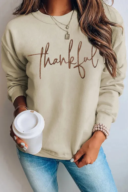 Parchment thankful Embroidered Drop Shoulder Pullover Sweatshirt sold by eAura