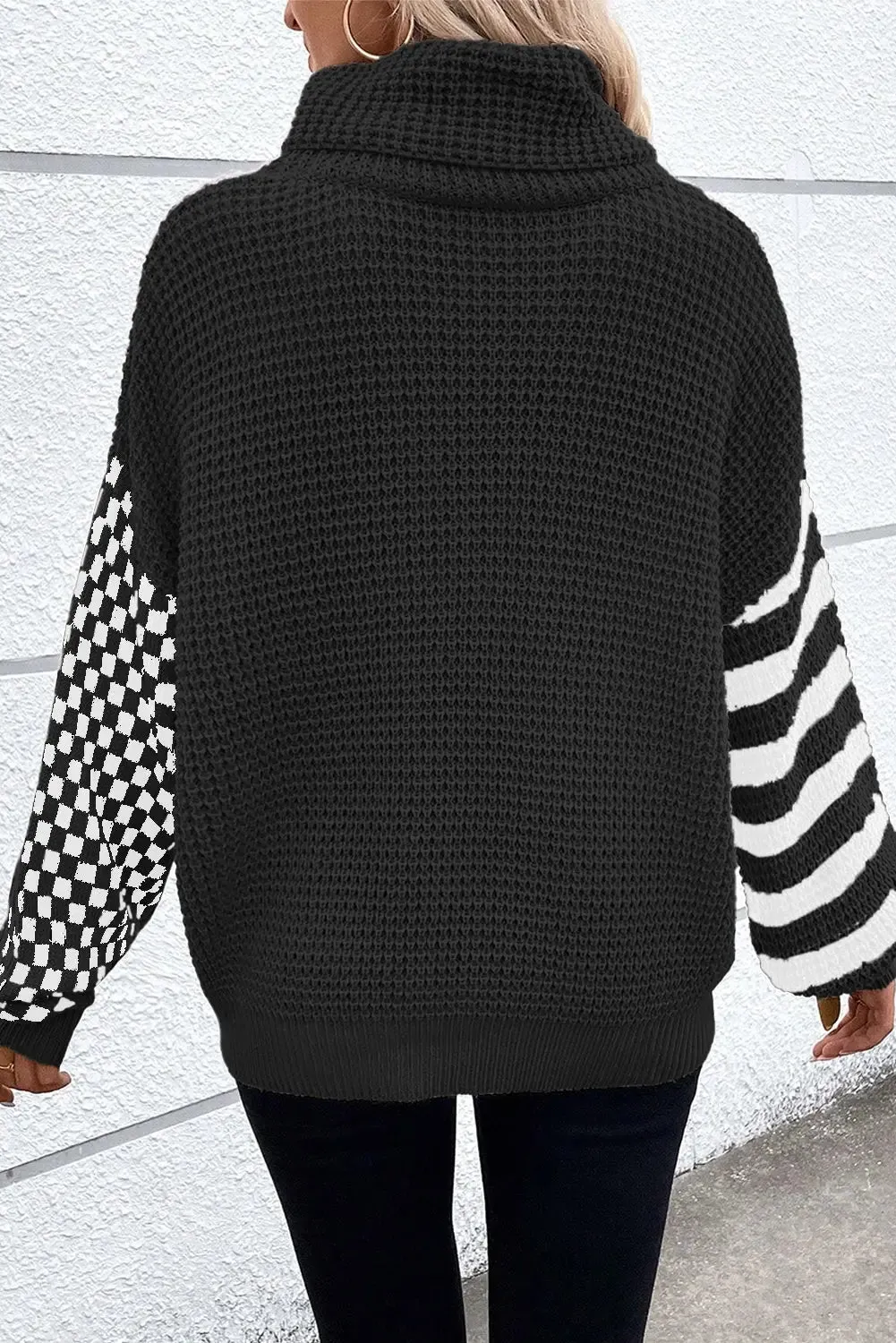 Black Striped Plaid Patchwork Waffle Knit Turtleneck Sweater sold by eAura product image thumbnail 2