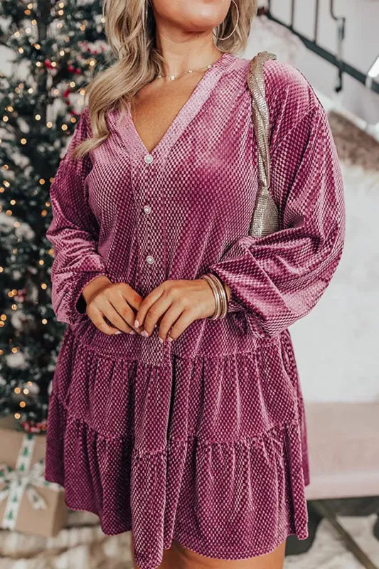 Meadow Mauve Plus Size Textured Velvet Tiered Button V Neck Dress sold by eAura