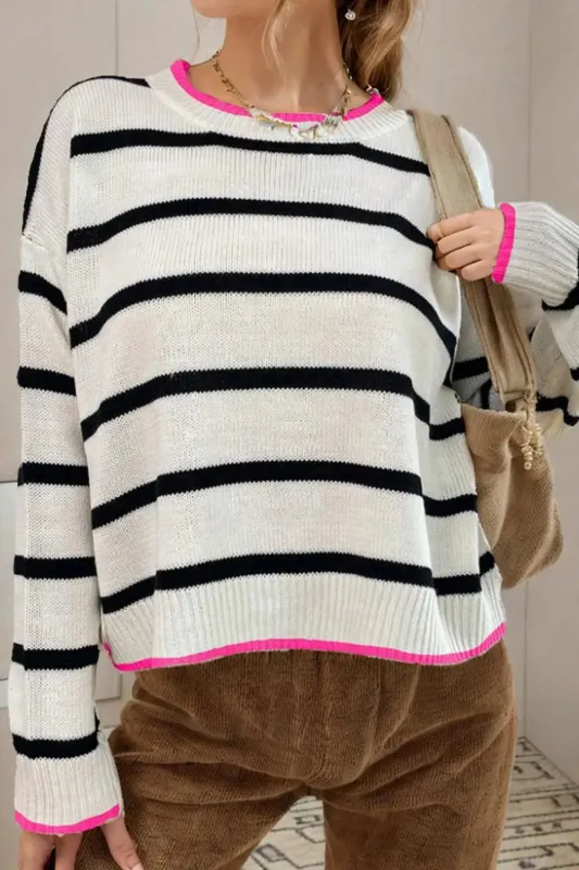 White Stripe Color Contrast Drop Shoulder Crew Neck Sweater sold by eAura