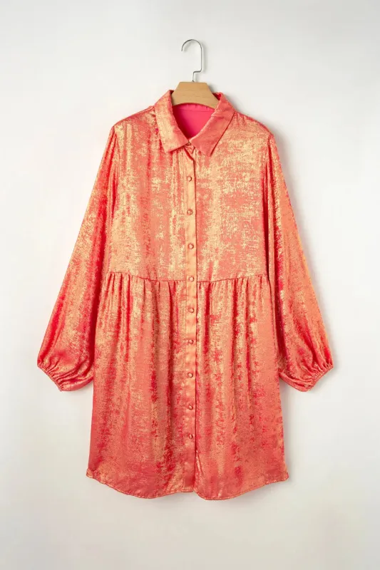 Peach Blossom Metallic Balloon Sleeve Shirt Plus Size Mini Dress sold by eAura