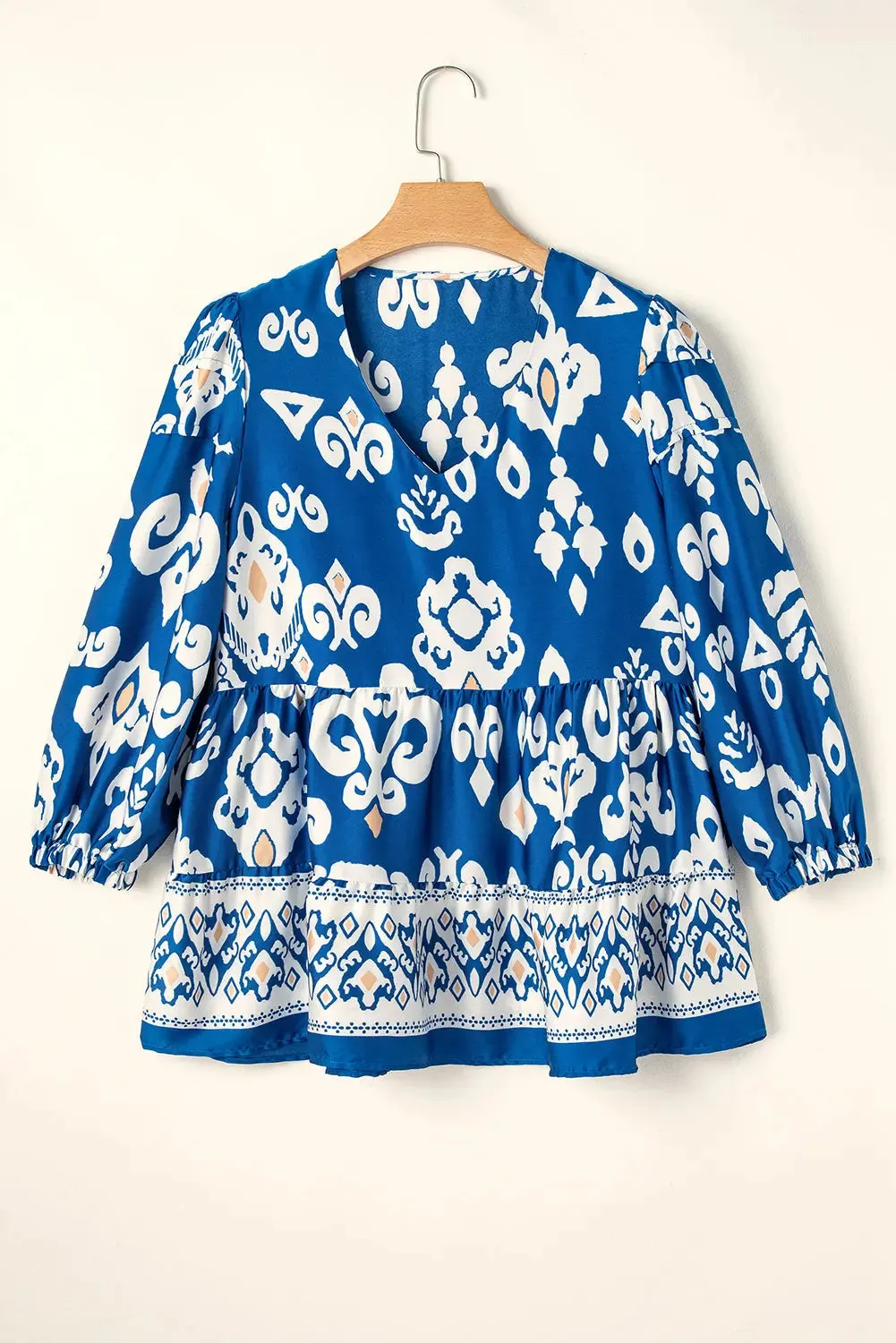 Blue Tribal Geometric Print 3/4 Sleeve Flowy Fit Blouse sold by eAura product image thumbnail 4