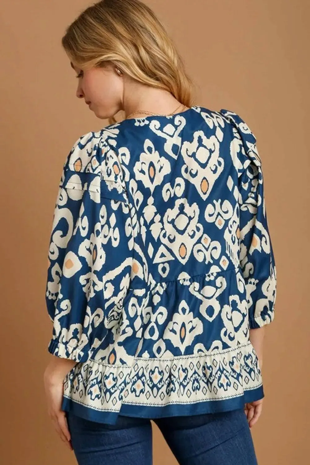 Blue Tribal Geometric Print 3/4 Sleeve Flowy Fit Blouse sold by eAura product image thumbnail 3