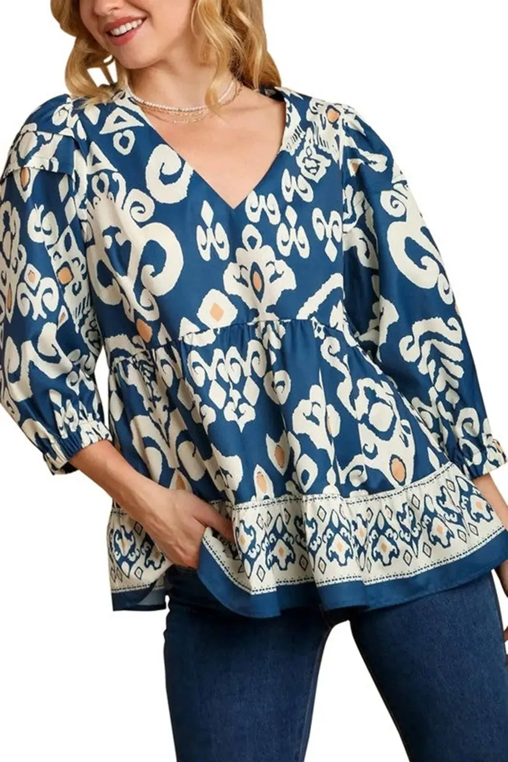 Blue Tribal Geometric Print 3/4 Sleeve Flowy Fit Blouse sold by eAura product image thumbnail 2