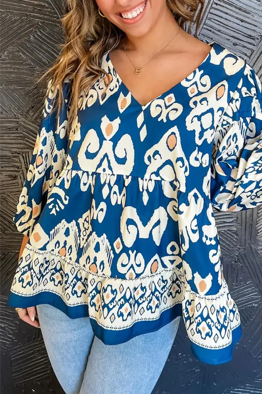 Blue Tribal Geometric Print 3/4 Sleeve Flowy Fit Blouse sold by eAura