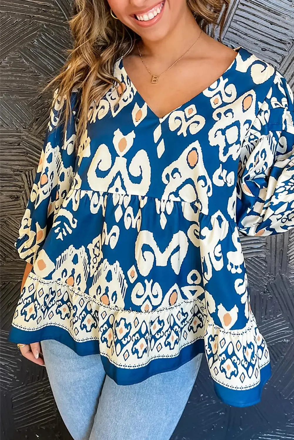 Blue Tribal Geometric Print 3/4 Sleeve Flowy Fit Blouse sold by eAura