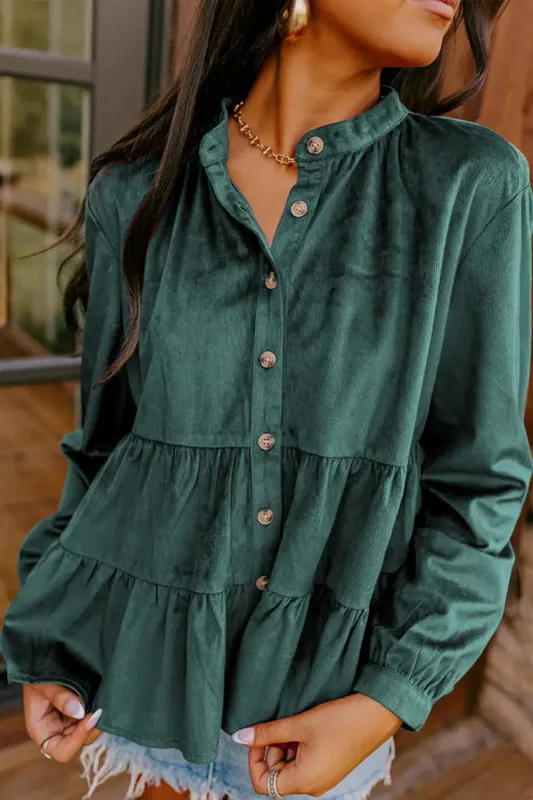 Skobeloff Corduroy Ruffle Tiered Buttoned O Neck Shirt sold by eAura
