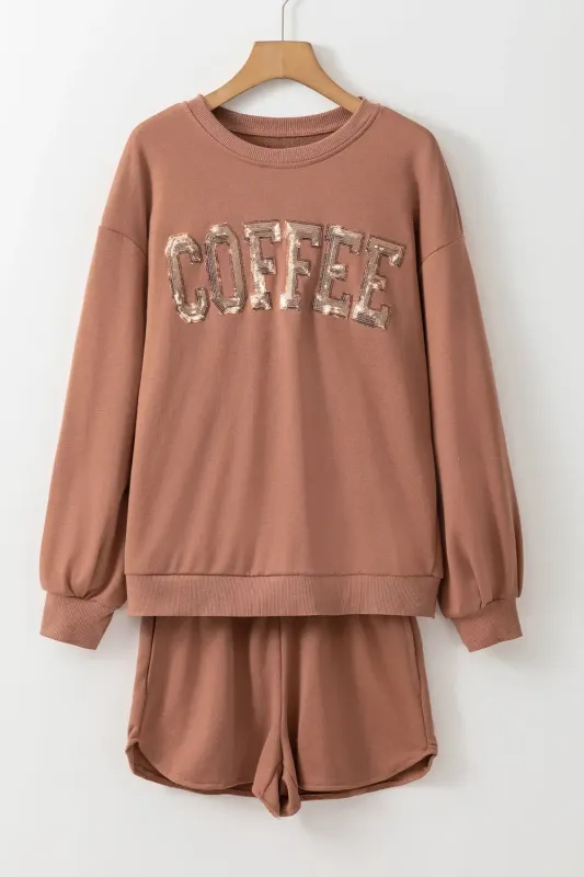 Black Sequined COFFEE Loose Fit Sweatshirt and Shorts Set sold by eAura