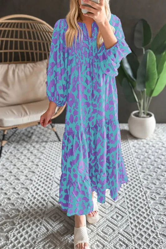 Sky Blue Abstract Print Puff Sleeve Tied Notched Neck Long Dress made by eAura
