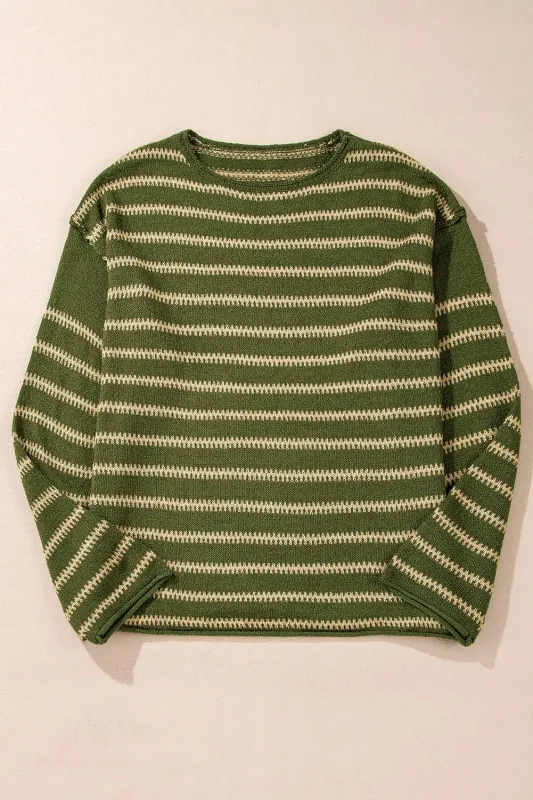 Green Stripe Drop Shoulder Casual Sweater sold by eAura
