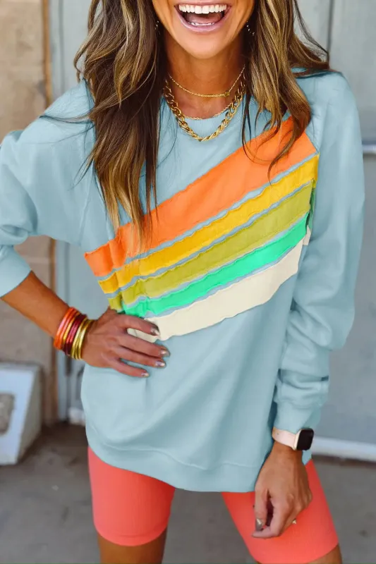 Beau Blue Rainbow Colorblock Striped Pullover Sweatshirt sold by eAura