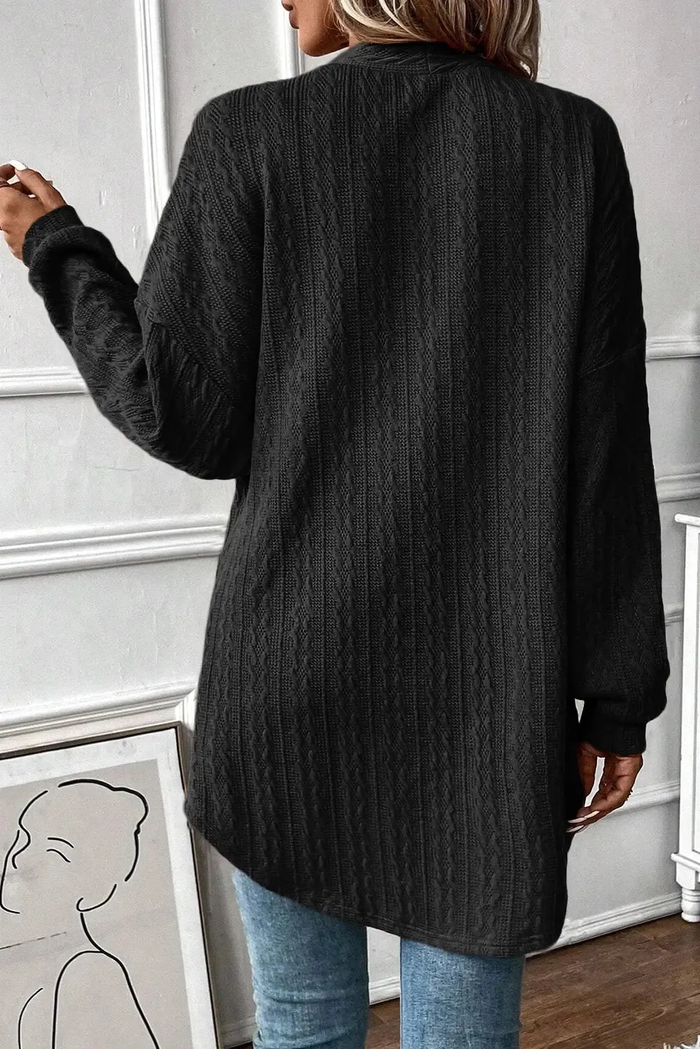 Black Textured Knit Side Pockets Open Front Cardigan sold by eAura product image thumbnail 2