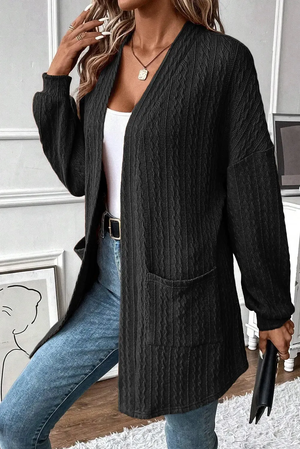 Black Textured Knit Side Pockets Open Front Cardigan sold by eAura product image thumbnail 3