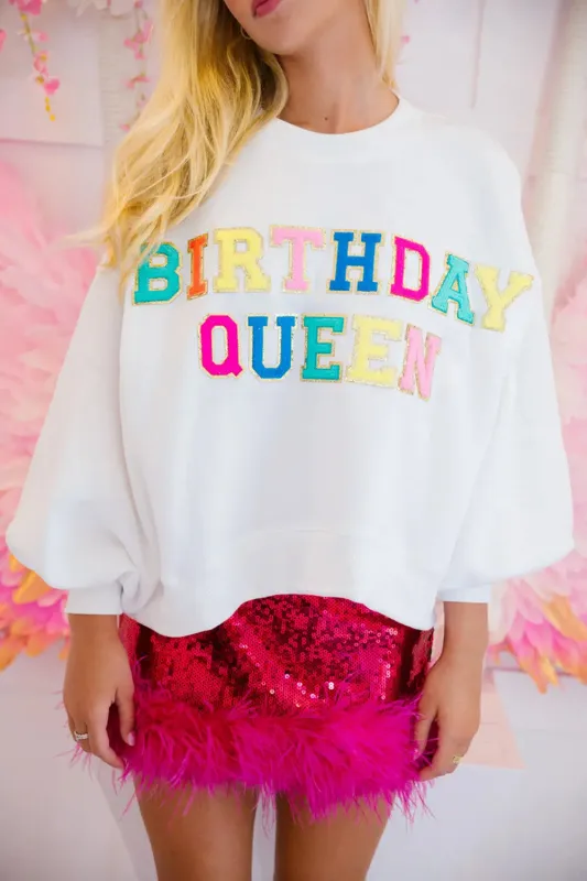 White BIRTHDAY QUEEN Graphic Balloon Sleeve Sweatshirt sold by eAura
