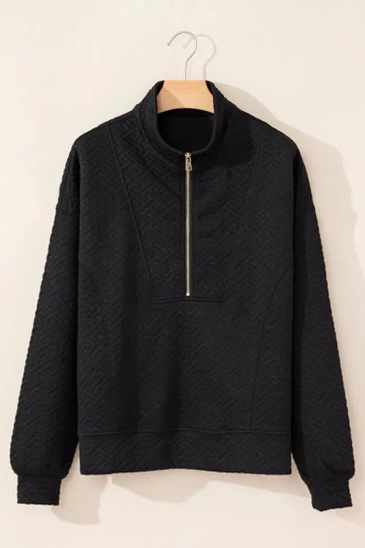 Black Solid Textured Half Zipper Collared Sweatshirt sold by eAura