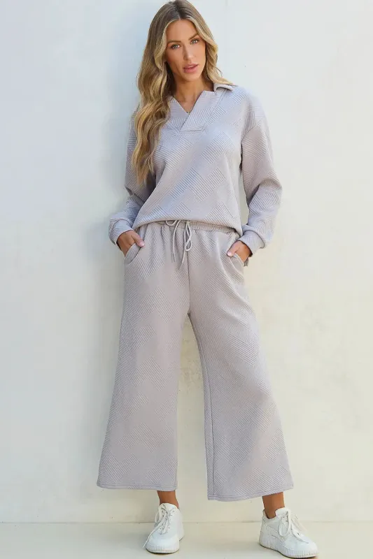 Bonbon Solid Textured Collared V Neck Top and Wide Leg Pants Set sold by eAura