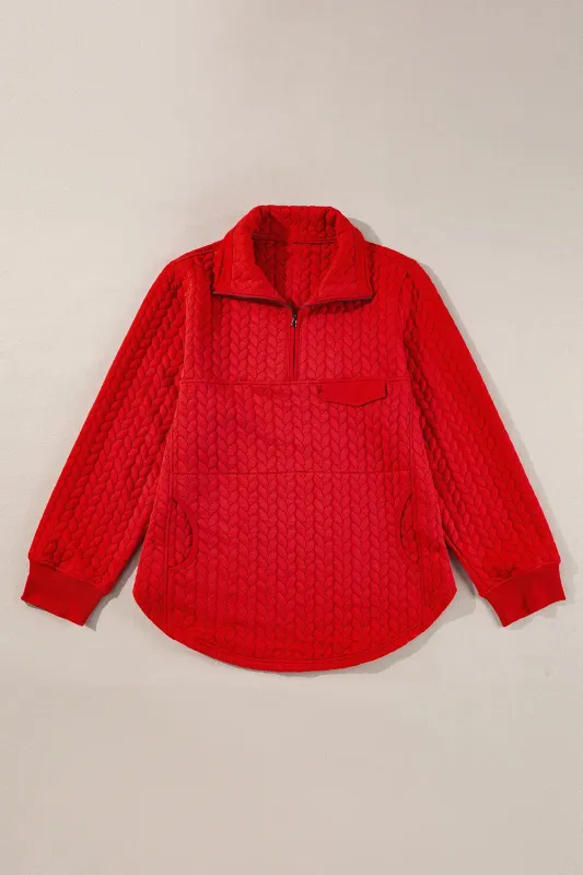 Tomato Red Cable Textured Quarter Zip Pocketed Plus Size Pullover made by eAura
