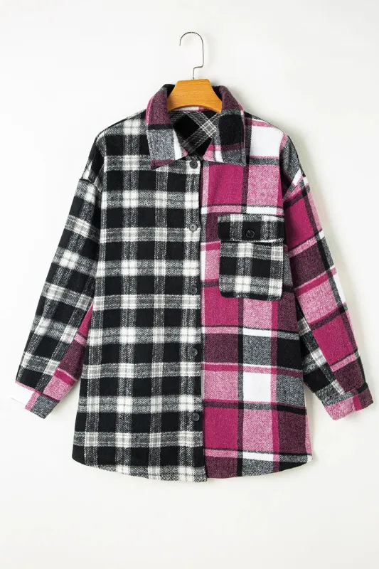 Black Plaid Colourblock Loose Shacket sold by eAura