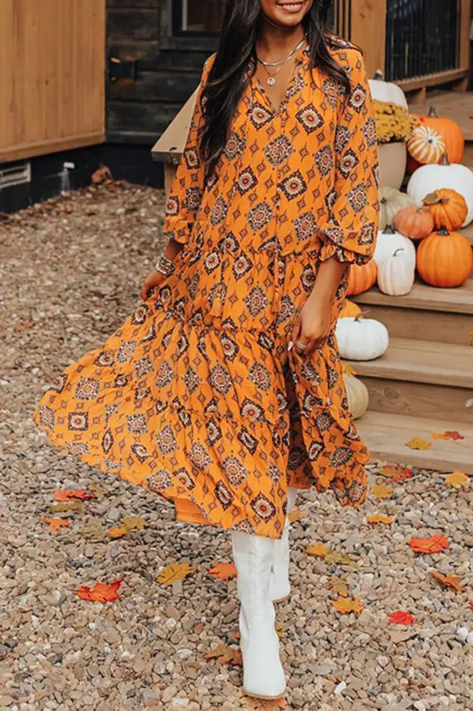 Orange Western Geometric Print Tiered Frilled Loose Fit Midi Dress sold by eAura