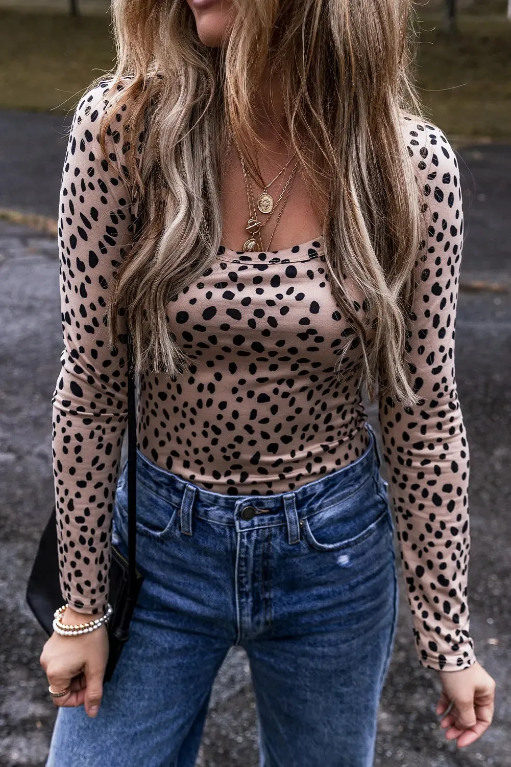 Smoke Gray Leopard Print Long Sleeve Scoop Neck Slim Fit Bodysuit sold by eAura product image thumbnail 5