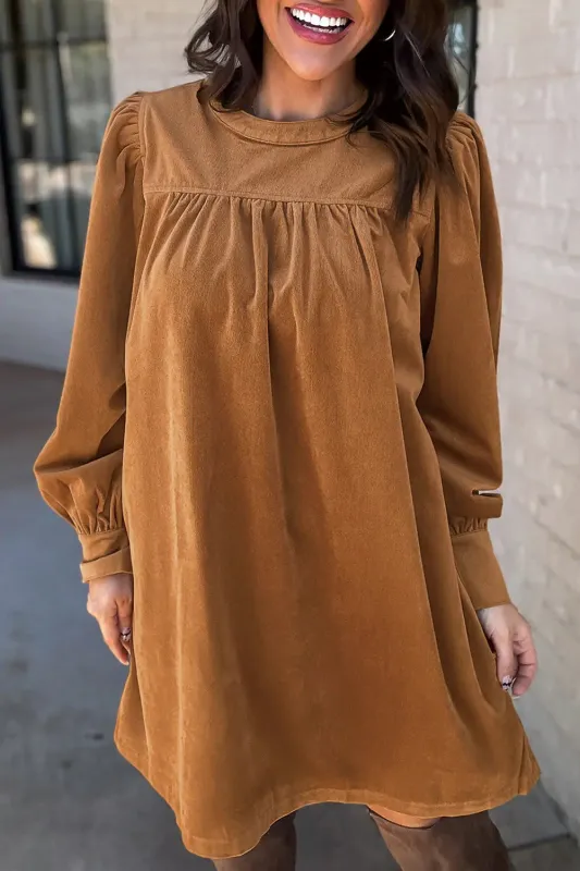 Desert Gold Corduroy Pleated Puff Sleeve Shift Short Dress sold by eAura