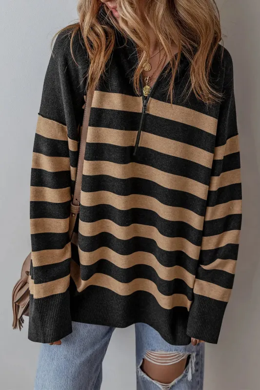 Black Stripe Collared Quarter Zipper Oversized Sweater sold by eAura