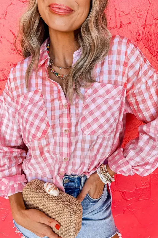 Pink Gingham Print Chest Pockets Buttoned Collared Shirt sold by eAura
