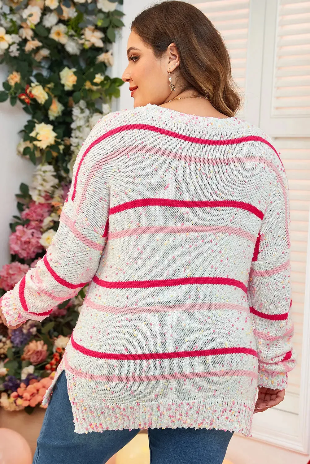 Pink Stripe Drop Shoulder Side Split Plus Size Sweater sold by eAura product image thumbnail 2