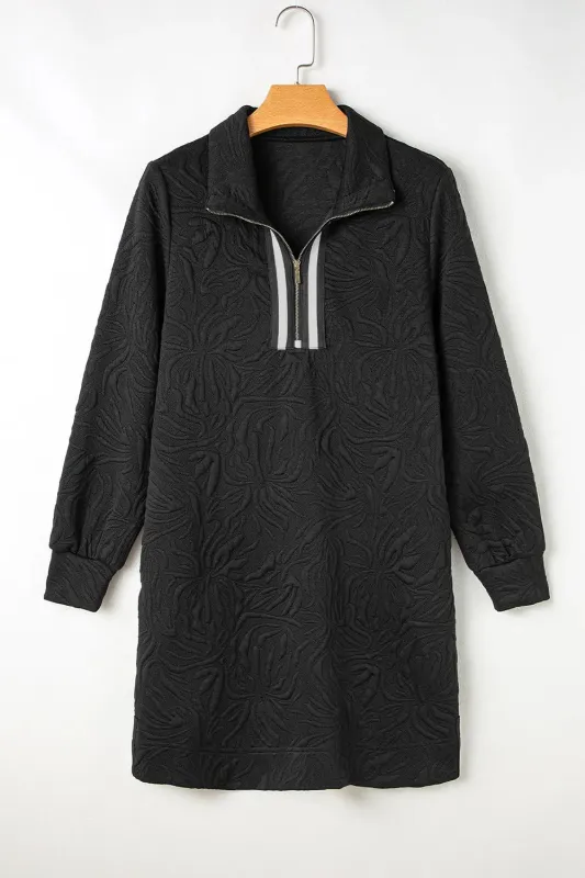 Black Jacquard Textured Quarter Zipper Shift Mini Dress sold by eAura