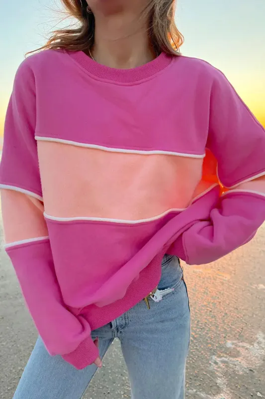 Sachet Pink Colorblock Patchwork Drop Shoulder Ribbed Trim Sweatshirt sold by eAura