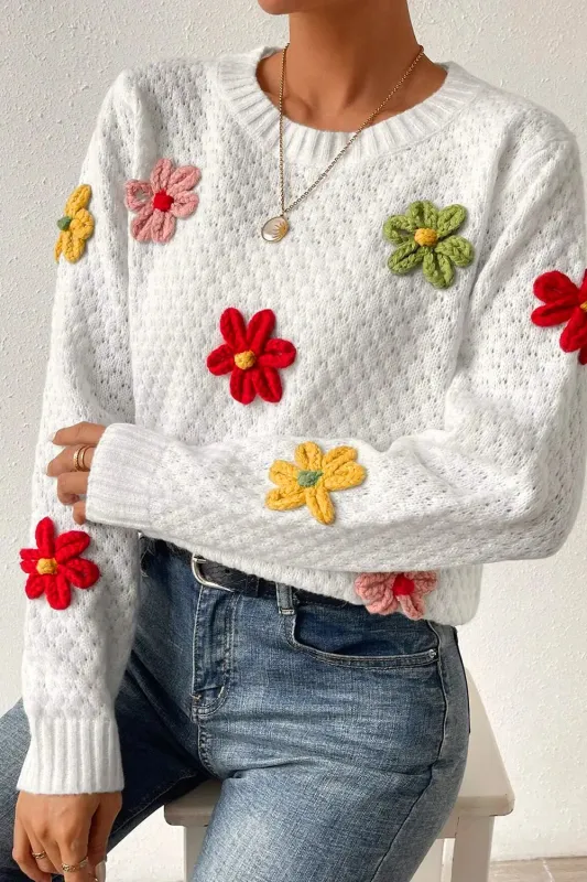 White Colorful Flower Applique Textured Knit Sweater made by eAura