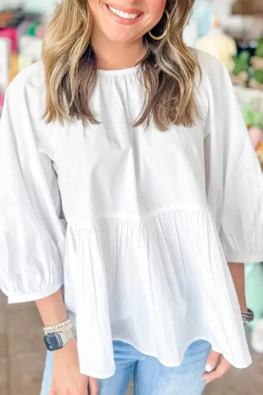 White Bow Knot Cutout Back Loose Fit 3/4 Sleeve Blouse sold by eAura